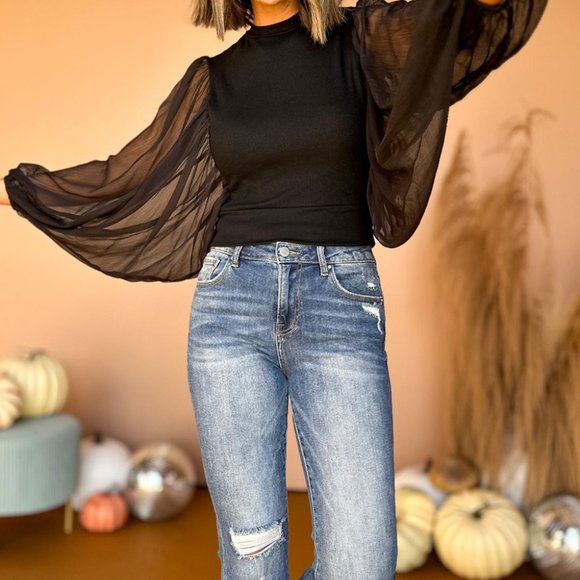 Black Billowy Mesh Puff Sleeve Ribbed Top - Picture 3 of 3